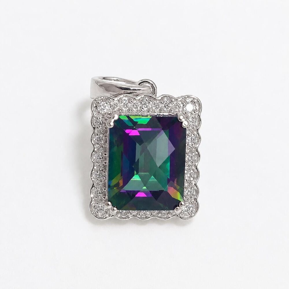 Mystic Topaz emerald cut checkerboard Gemstone Pendant 14kt White gold